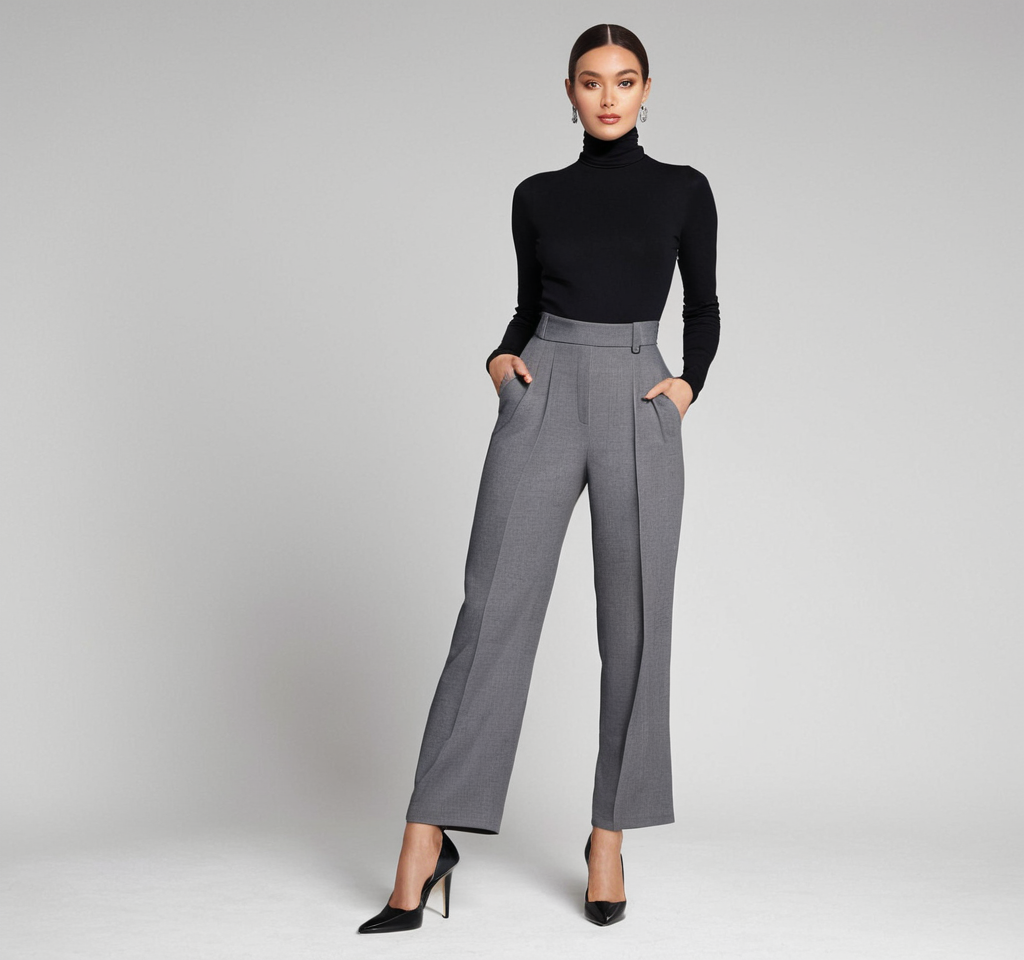 Classic Black Turtleneck & Elegant Gray Trousers – Timeless Fashion for Every Occasion