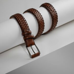 Brown Woven Leather Belt - Textured Style with Metal Buckle