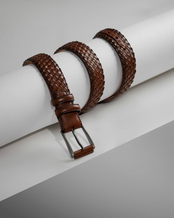 Brown Woven Leather Belt - Textured Style with Metal Buckle